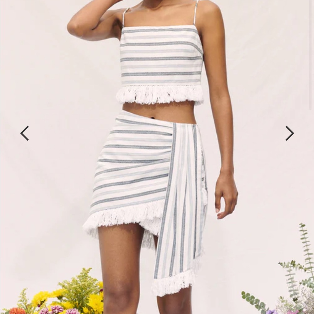 SAYLOR White & Blue Striped Fringe Wrap Skirt Set